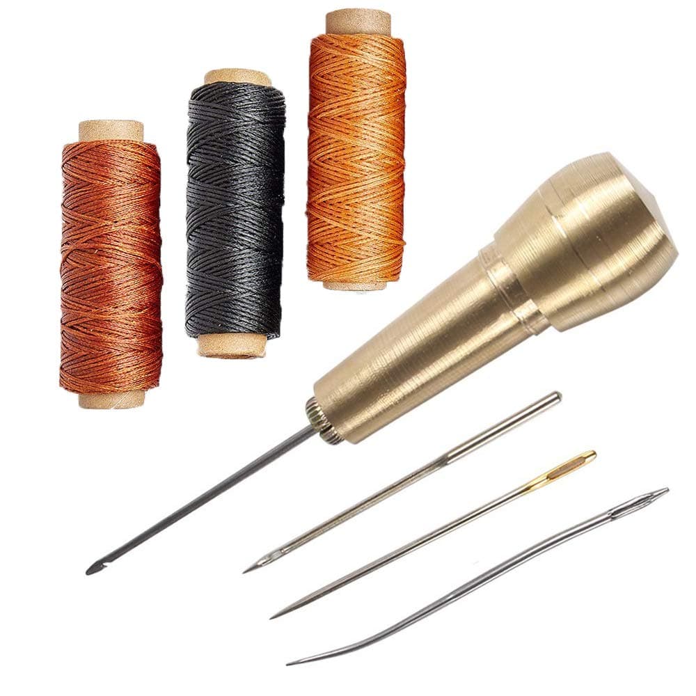Copper Handle 4 Needles Sewing Awl Drilling Awl Hand Stitcher Shoe Repair Tool Kit with 150m 0.8mm Sewing Waxed Thread Cord for DIY Repairing Canvas Leather Repairs (Gold+Black+Brown)