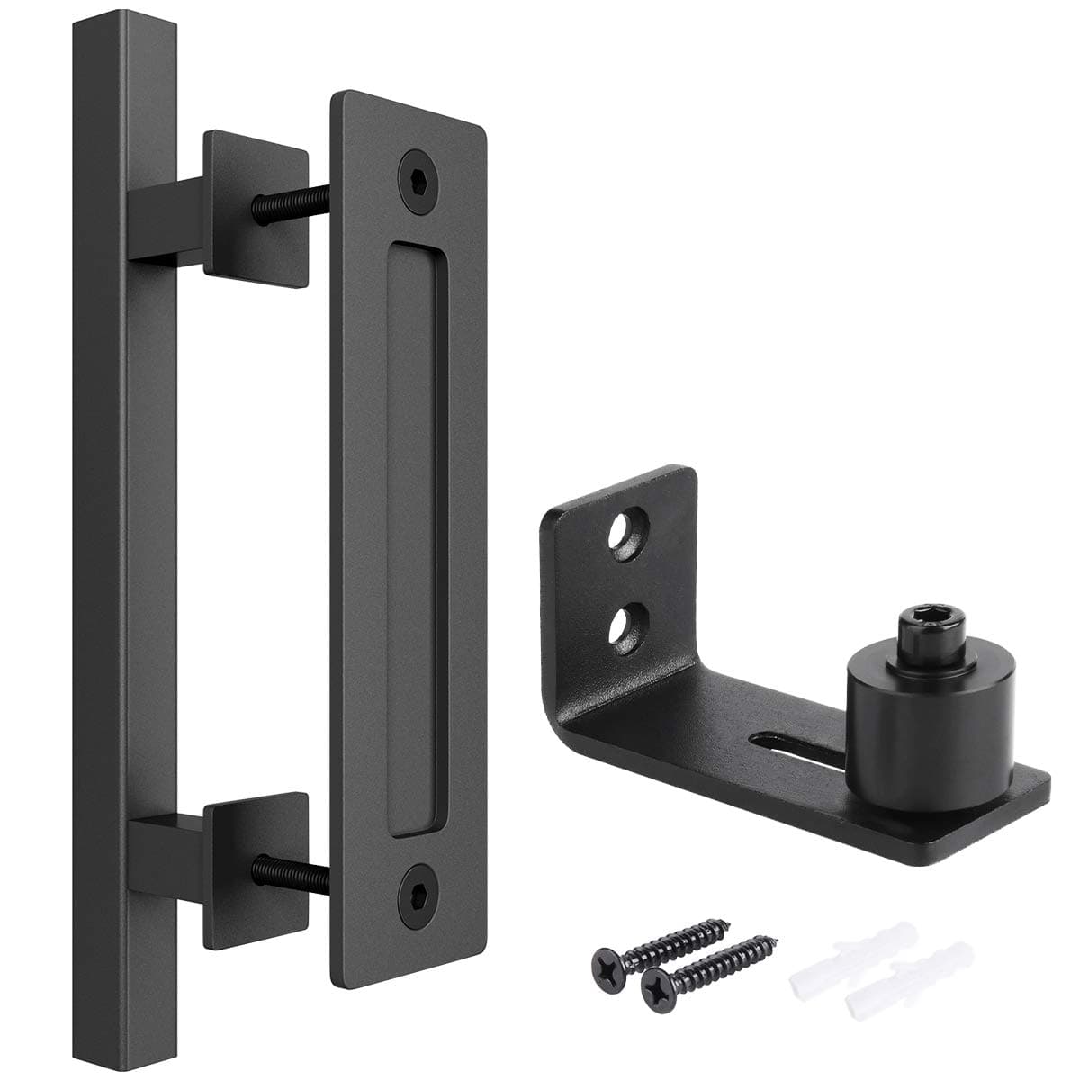 SMARTSTANDARD Heavy Duty 12" Barn Door Handle Set with Adjustable Barn Door Floor Guide for Gates Garages Sheds Furniture, Square