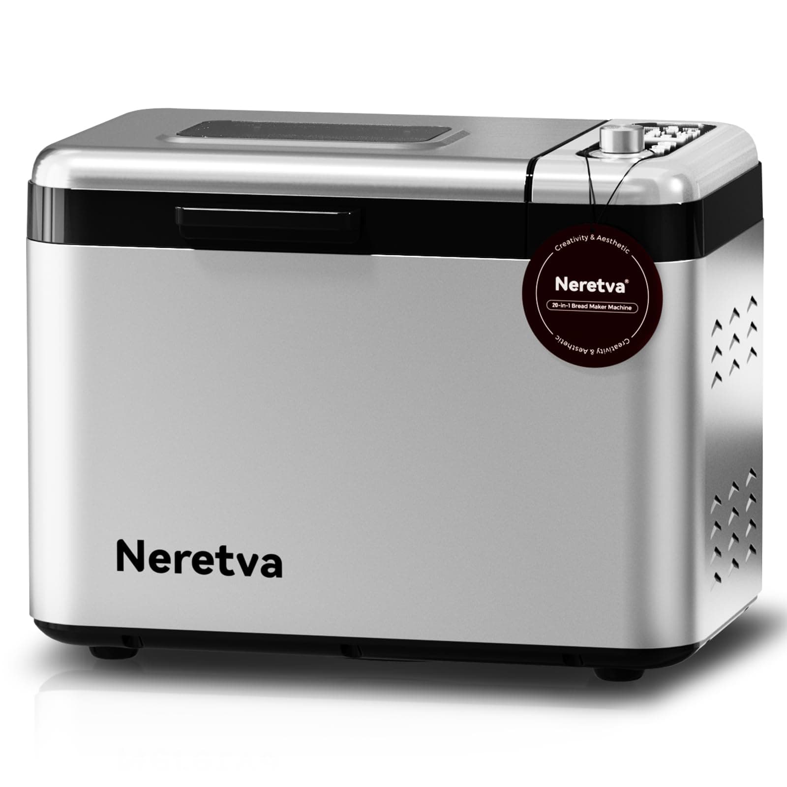Neretva Bread Maker, 3.3LB Larger Bread Machine 15-in-1 Stainless Steel & Nonstick Ceramic Pan & Auto Nut Dispenser Breadmaker Machines Full Touch Panel with Gluten Free White Wheat Rye French Pizza