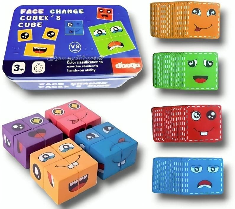 Face Changing Cube Building Blocks Puzzle, Wooden Face Expression Toy, Educational Face Matching Family Board Game for Kids (16 Wooden Puzzles and 72 Cards) (with Metal Box)