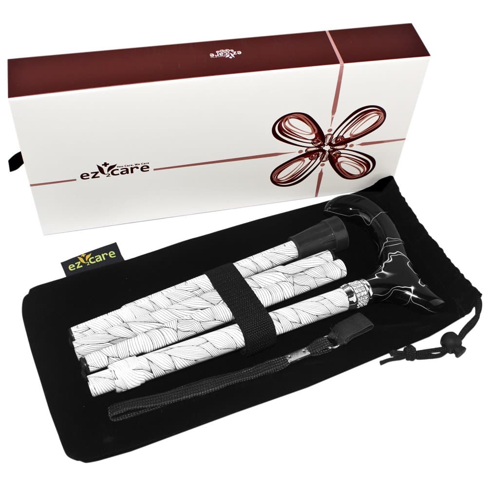 Luxury Adjustable Folding Cane with Carrying Case, Black and White Geometric Pattern