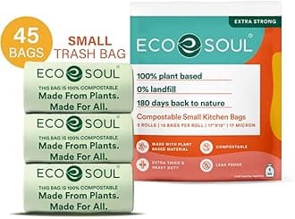 ECO SOUL [17 inch x 19 inch, 45 Pack] Small Compostable Trash Bags Eco-friendly Biodegradable Bags for Garbage Bins Heavy Duty & Leak-Resistant Home, Office & Kitchen Use (43 x 48 cm)