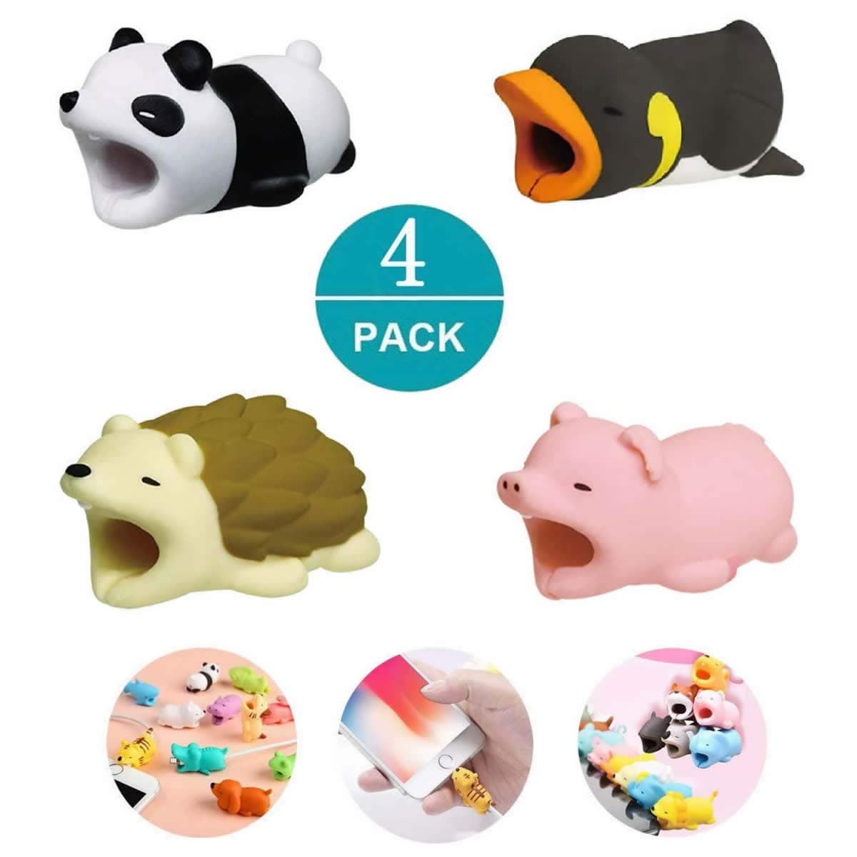 4PCS Cable Cord Saver Protector, Cute Animal Cable Bite Prevents Breakage Support Phone Cable