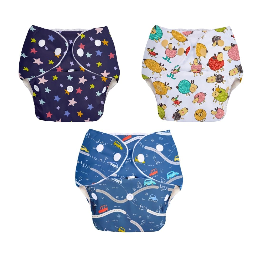 Superbottoms BASIC Pack of 3 Reusable Cloth Diaper for babies 0-3 Years | Freesize Adjustable and Reusable Cloth Diaper | Outer Shell only | (WITHOUT dry feel pad /soaker / insert) | Print may vary