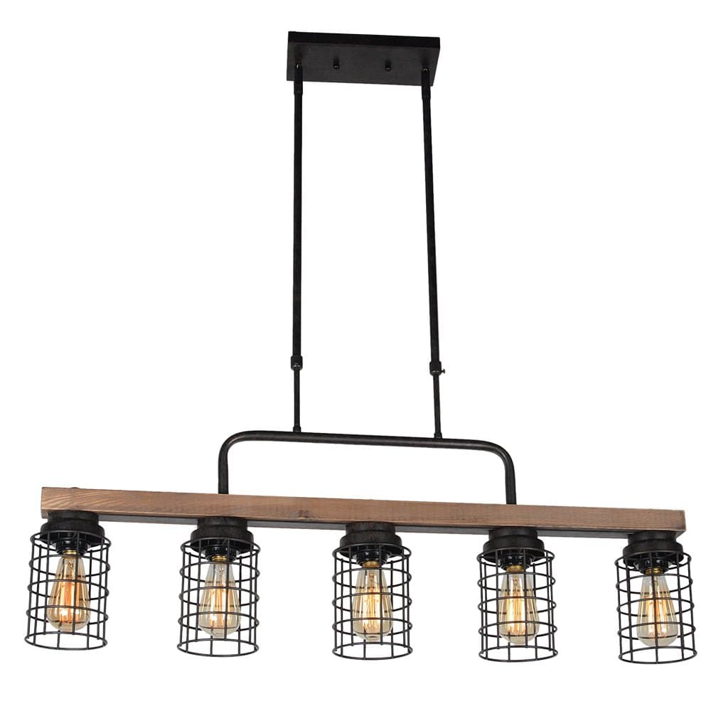 Wood Pool Table Light, Rustic Kitchen Island Lighting Metal Cage Linear Chandelier Industrial Farmhouse Dining Room Light Fixture 5 Light Edison E26 069