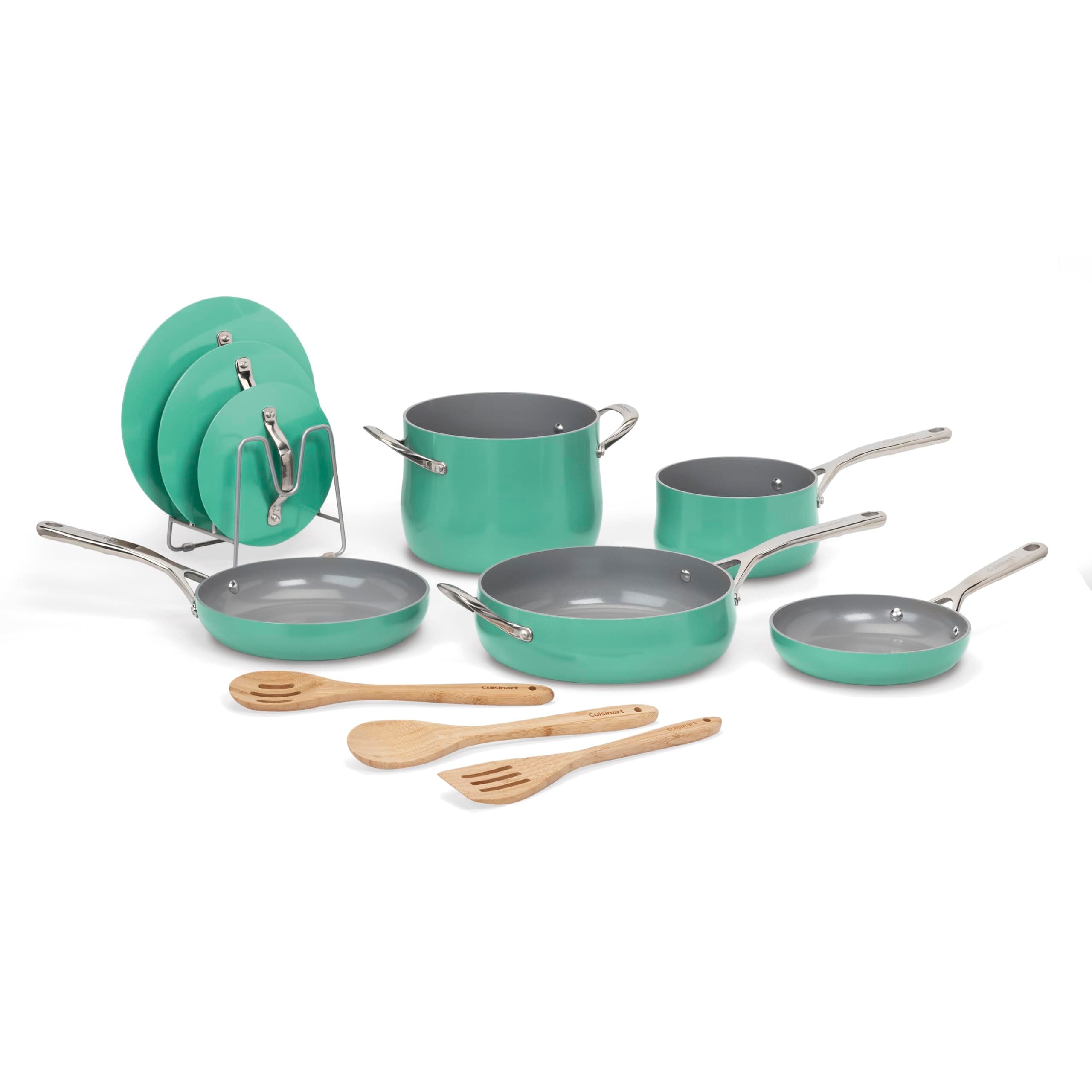 Ceramic Cookware Set, Nonstick 12-Piece Pots and Pans Set for Even Heat Cooking, Dishwasher Safe, Stainless Steel Handles & Easy Cleanup, Teal, 34C-12TL