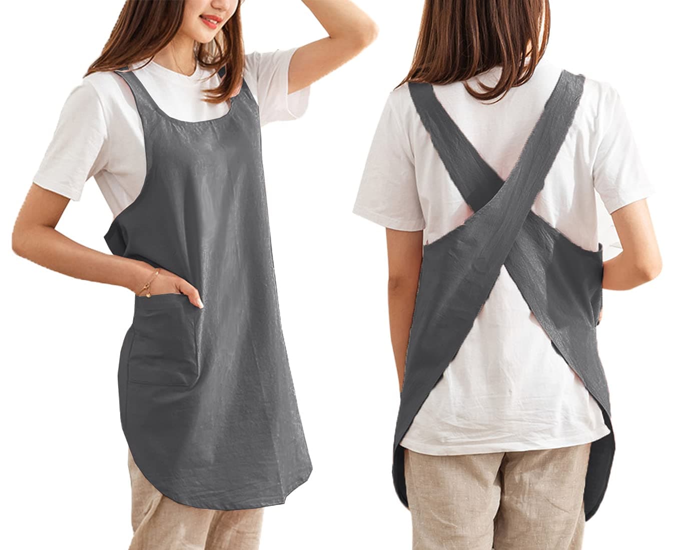 Cotton Cross Back Aprons Solid Color Cooking Kitchen Garden Smock for Women Girls with Pockets