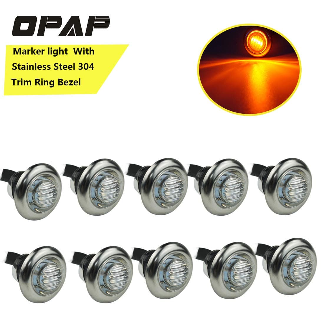 OPAP 10pcs 3/4 inch Round Side 3pcs LEDs Marker Trailer Bullet License with Stainless Steel 304 Trim Ring Bezel (Red Light+Clear Lens)