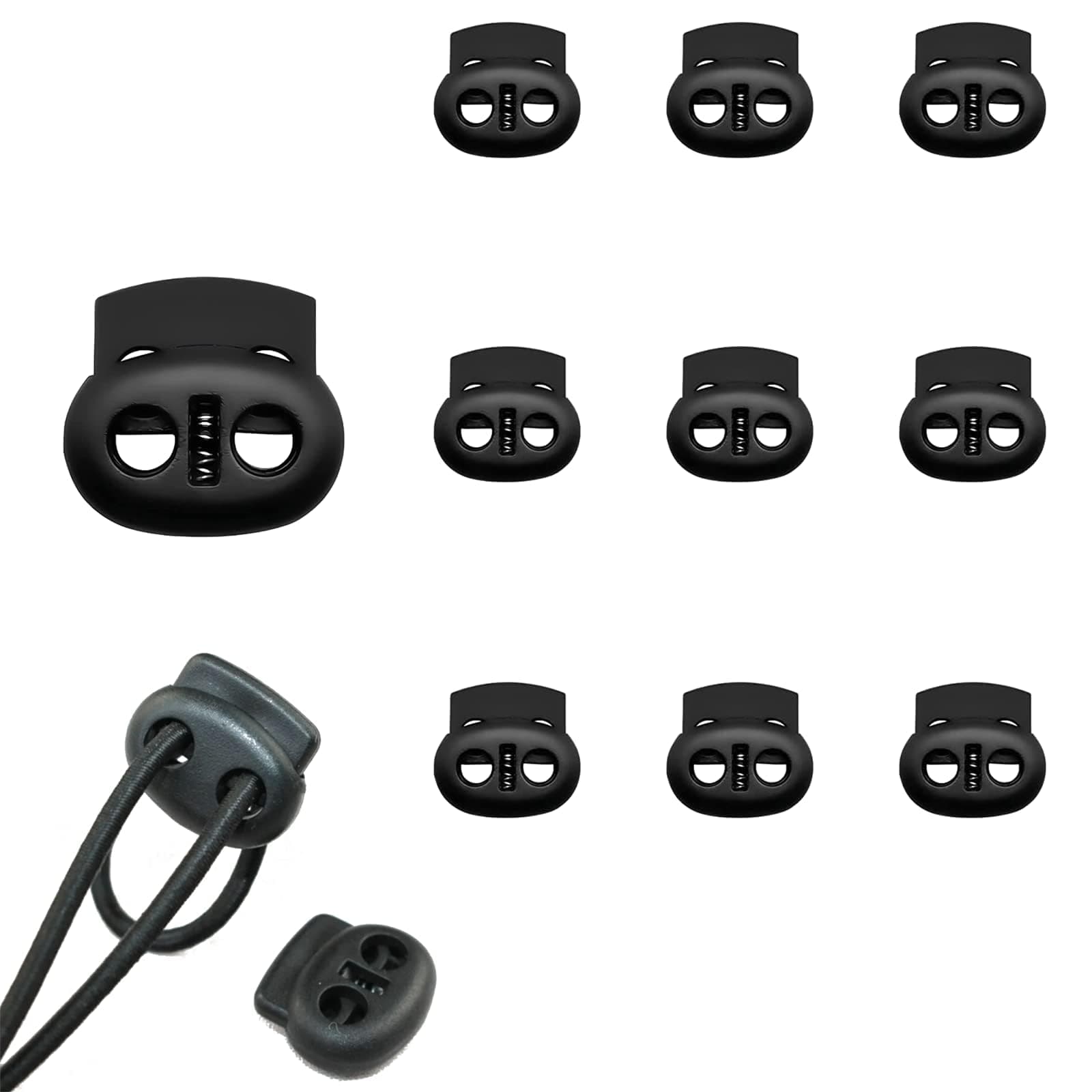 Siqian Toggles for Drawstrings 10 Pack Cord Locks Set, Dual-Holes Spring Set Double Holes Toggle Loaded Plastic Round Ends Stopper Fastener Oval Locks, Black, M, (SQ-SKTHSSTZ01-BK10-CX-UK)