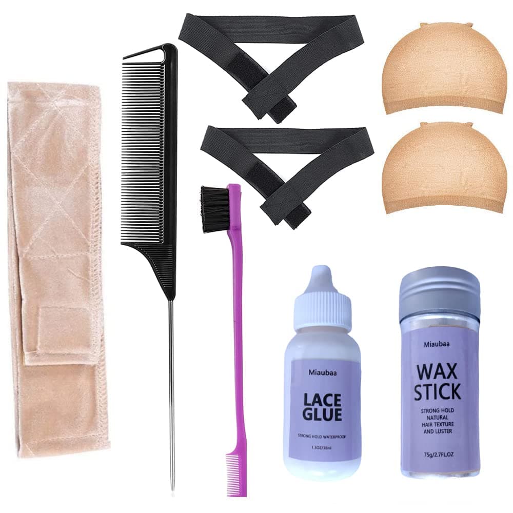 Wig Kit for Lace Front Wigs - Glue, Tools, Rat Tail Combs, Elastic Band - 8 PCs