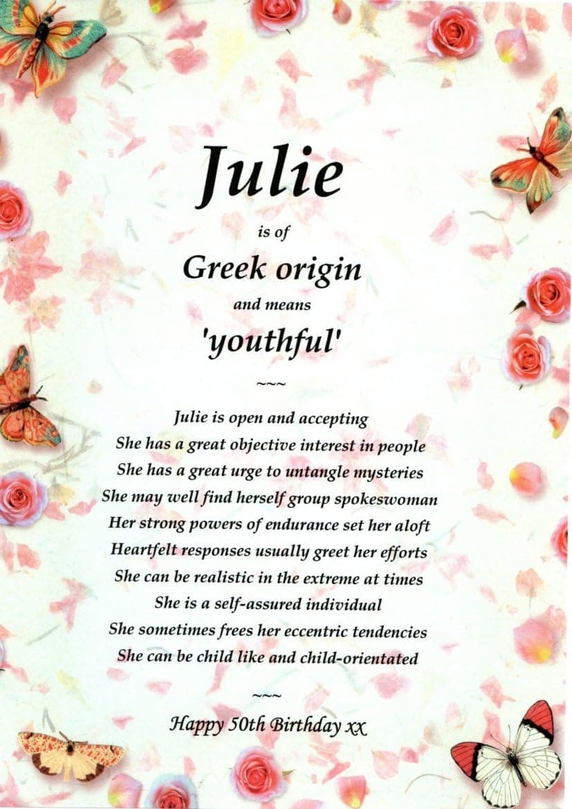 PERSONALISED FIRST NAME MEANING & ORIGIN GIFT in a pretty Butterflies & Roses background - Unique & Ideal Birthday, Valentine's Day for someone special - Only £9.99