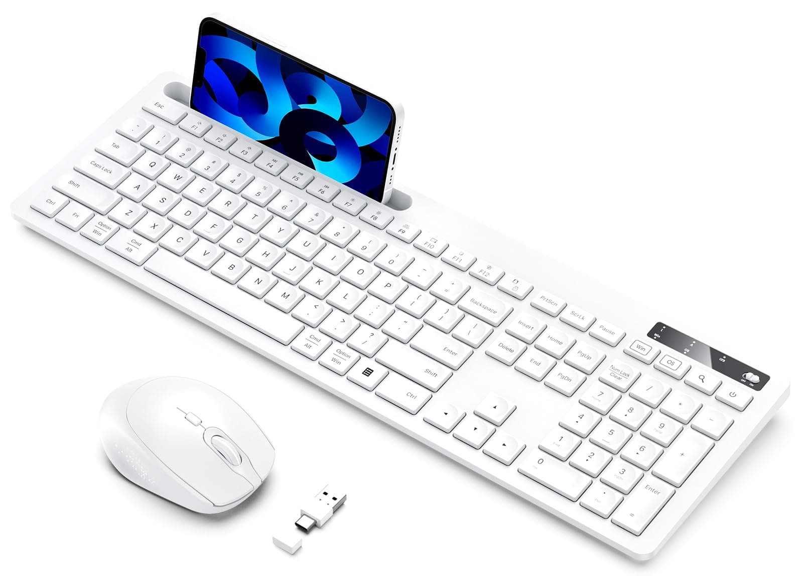 Wireless Keyboard and Mouse for MacBook, Vivefox White Wireless Keyboard with Phone Holder, USB A & Type C Receivr, Full-Size Combo for Mac, MacBook/Air/Pro Windows PC Computer