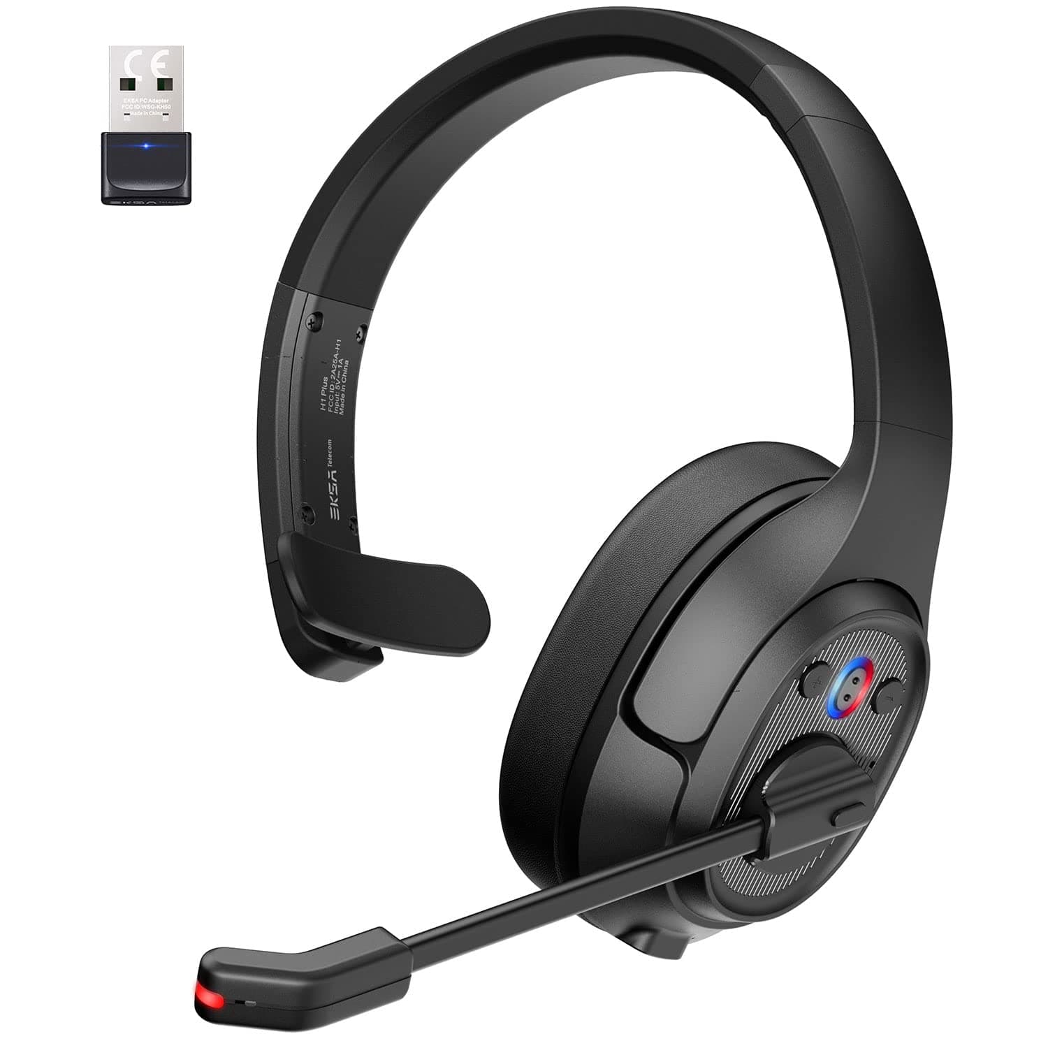 EKSA H1 PLUS Wireless Headsets with Microphone Bluetooth Headset with USB Dongle & AI Noise Cancelling Mic, 99ft Long Wireless Range Over Ear Office Headphones for Laptop/PC/Call Centre/Trucker
