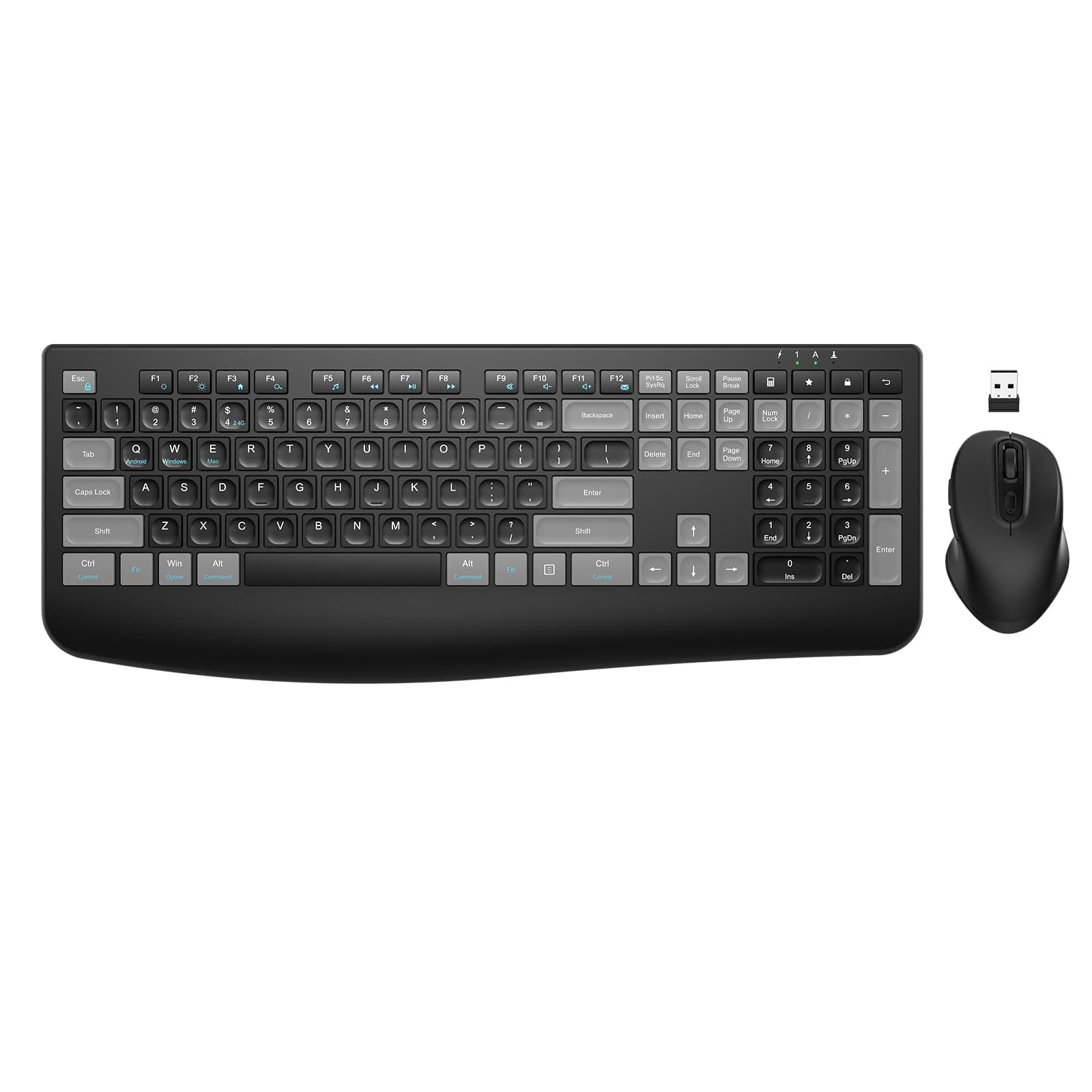 Wireless Keyboard and Mouse Combo Rechargeable, EDJO 2.4G Full-Sized Computer Keyboard with Wrist Rest and 3 Level Adjustable DPI Wireless Mouse for Windows, Mac OS Desktop/Laptop/PC (Black Grey)