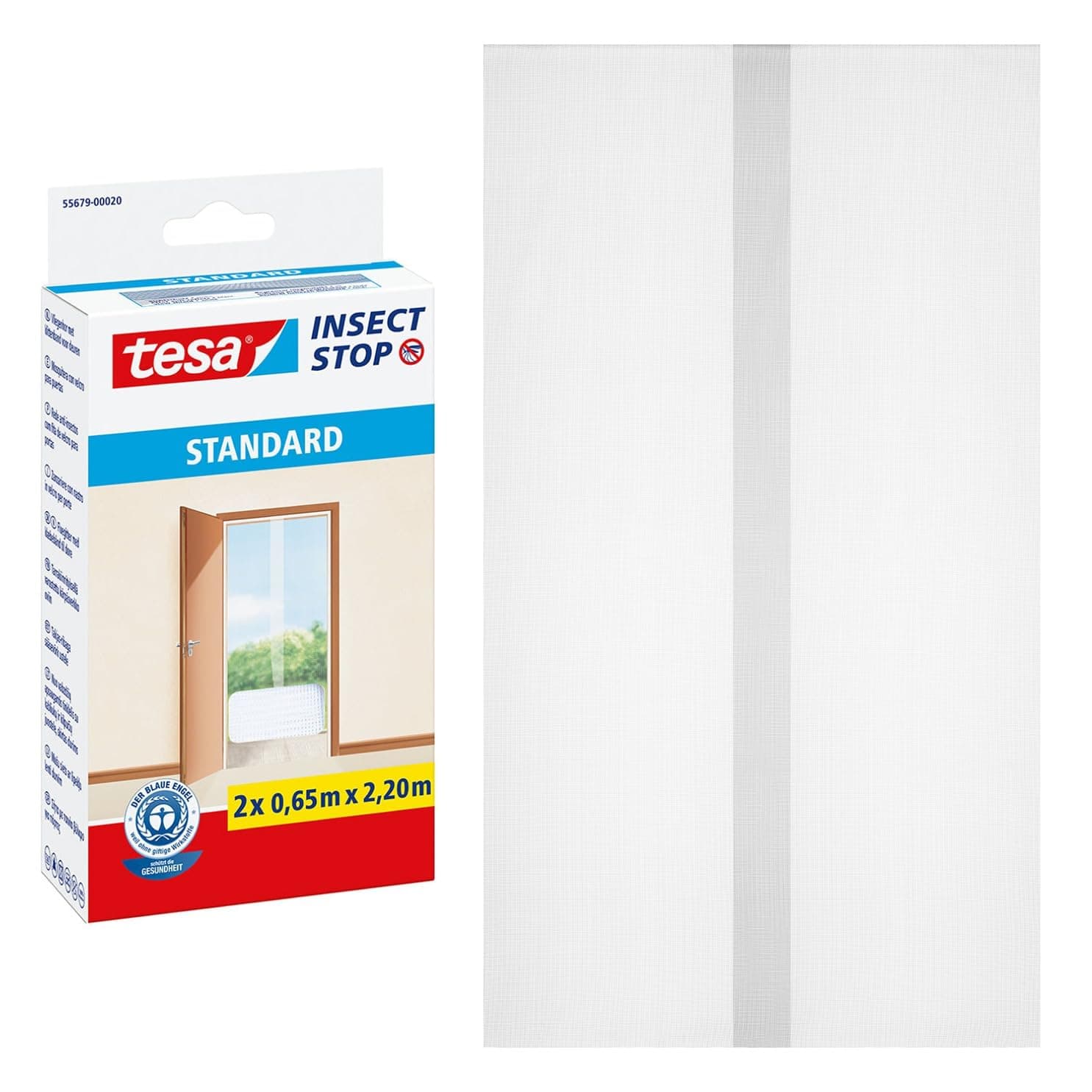 tesa® Insect Stop Hook & Loop Standard for Doors, Insect Screen - easy to mount, white, 2x 65cm x 220cm