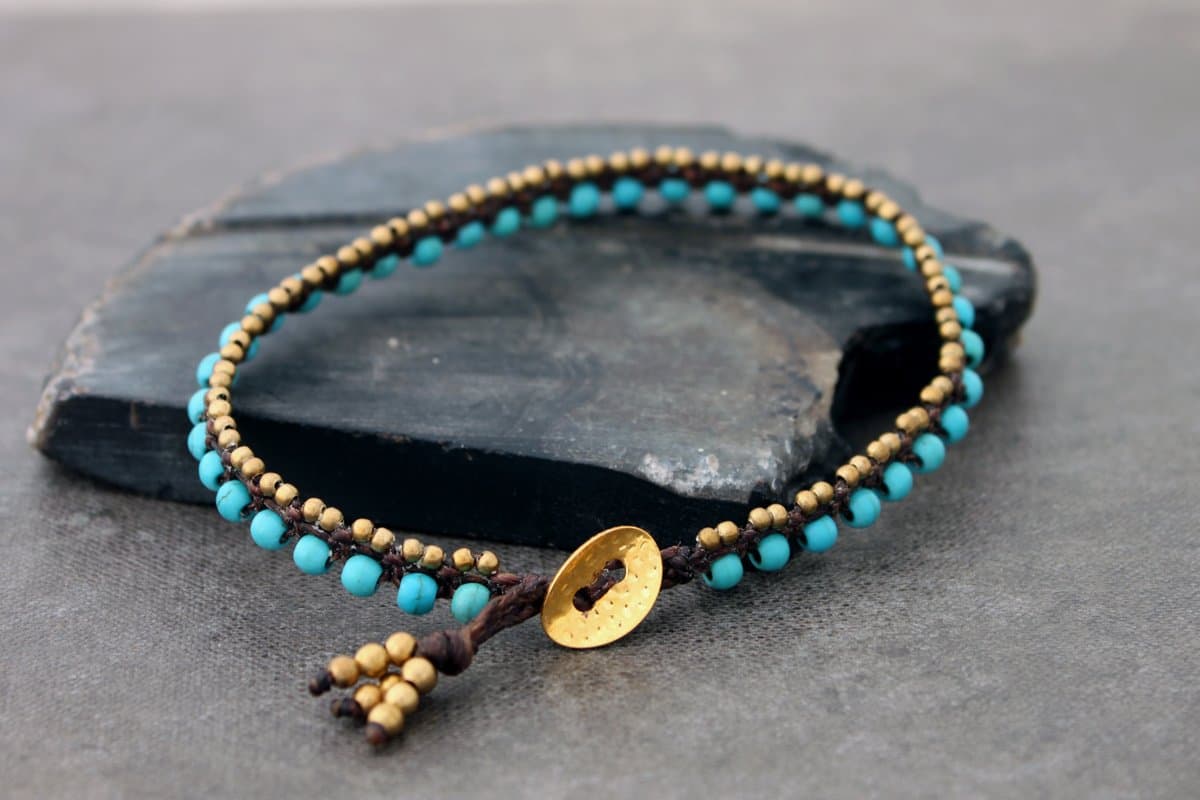 Turquoise Woven Anklets Brass Beaded Stone Petite Anklets Ethnic Boho Bohemian