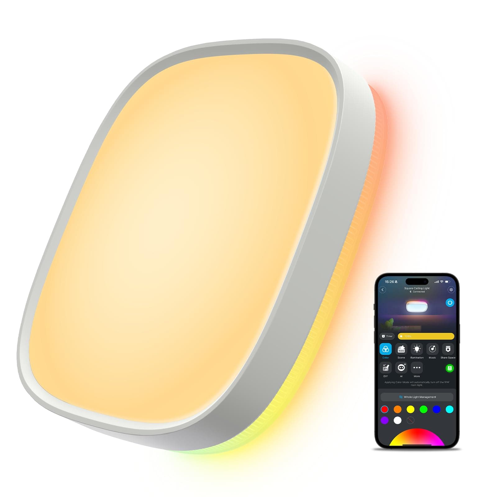 Smart Ceiling Light, RGBIC LED Square Ceiling Light Fixture Works with Matter, 2400LM Flush Mount Light Fixture, DIY Colors, 2700K-6500K Dimmable for Bedroom, Living Room, 12 Inch, 1 Pack