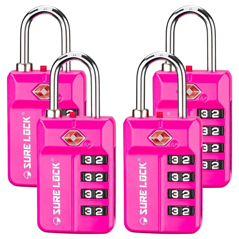 SURE LOCK TSA-Approved 4-Digit Resettable Combination Lock with Open Alert, Easy-Read Dials - for Luggage, School Lockers, Gym, Office, Toolbox & Security Cases (Pink 4 Pack)