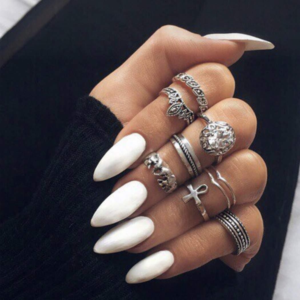 MISUD 24pcs False Nails White Glossy Stiletto Press on Nails Almond Shape Pure Medium Length Flake Nail for Women and Girls - Athena White