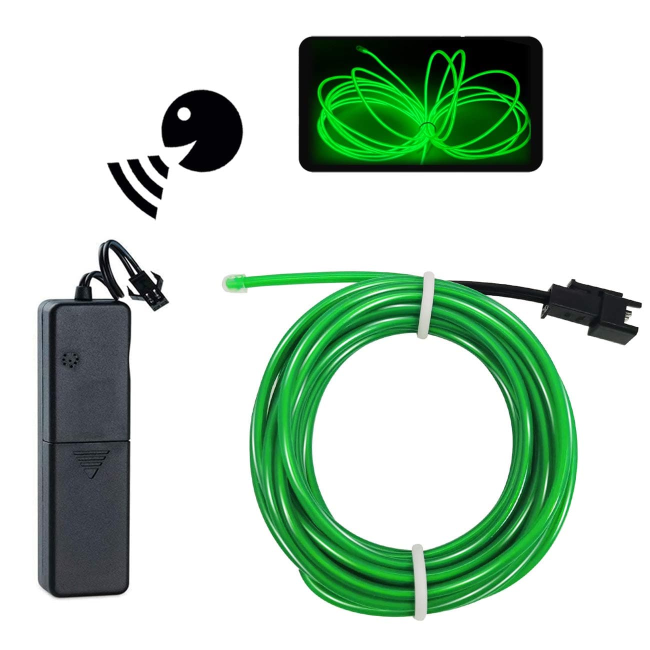 EL Wire Grass Green, 9ft Neon Light With Sound Control/Constant Light/Flash, Glowing Strobing Electroluminescent Wire, Battery Operated for Parties, Halloween, DIY Decoration
