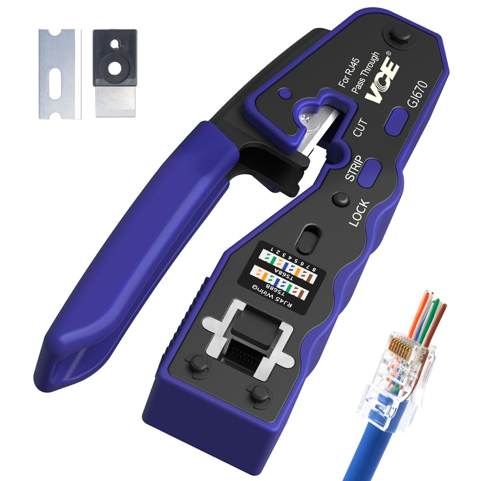 GJ670BL RJ45 Crimp Tool, Pass Through Ethernet Crimping Tool for Cat5 Cat6 Cat7 End Pass-Thru Connector, Support Stripping & Cutting