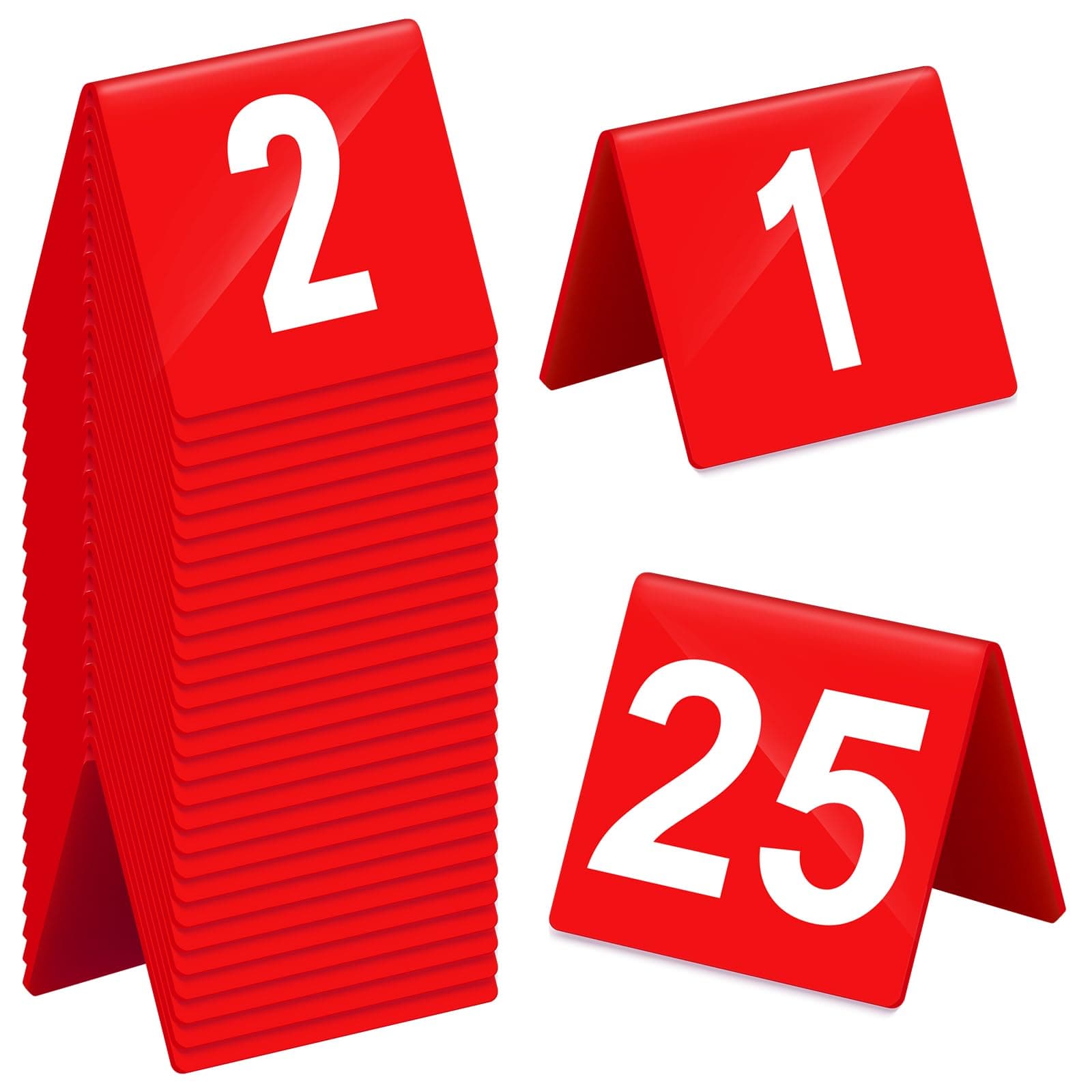 Table Numbers 1-25 Acrylic Double Side Numbered Table Tents Plastic Restaurant Wedding Numbers Cards Signs for Party Banquets Wedding Reception(Red, White)