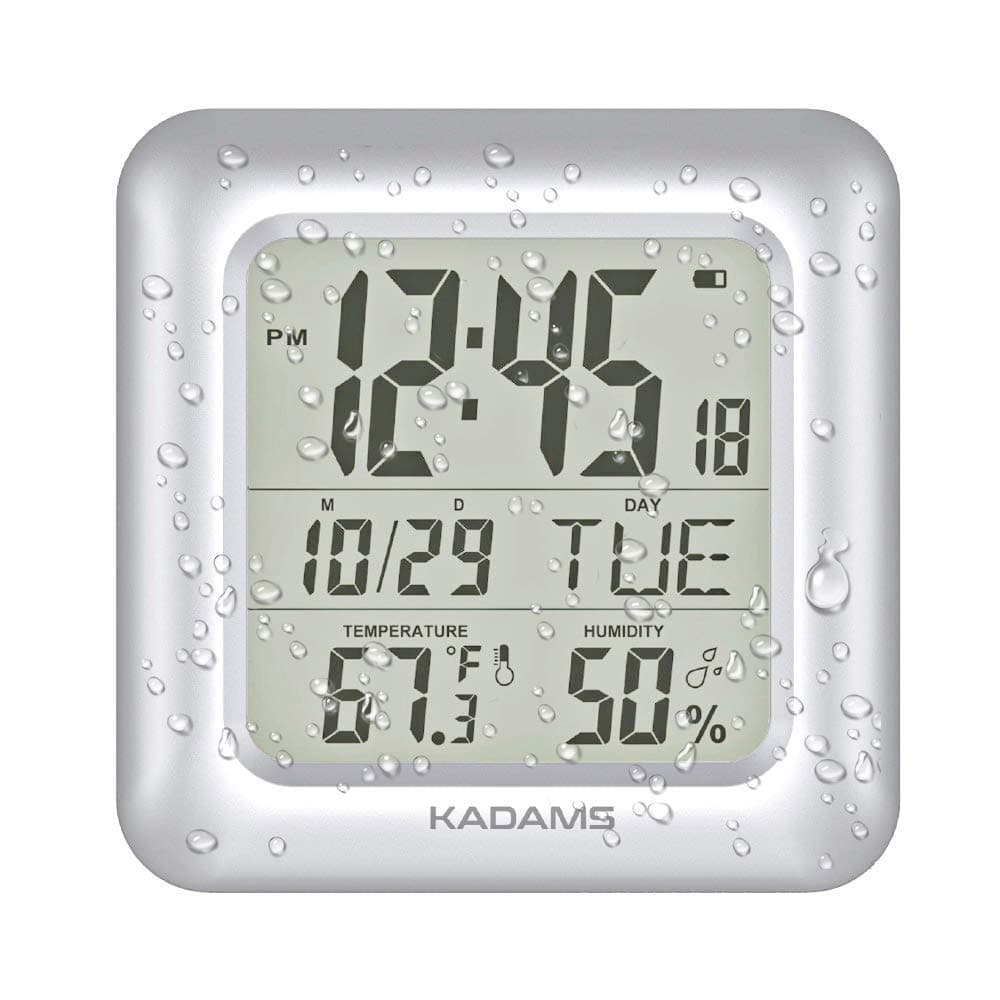 KADAMS Bathroom Digital Clock with Large LCD Screen - Shower Wall Clock with Timer - Water Resistant - Temperature & Humidity Display - Calendar Display - 4 Mounting Options Silver