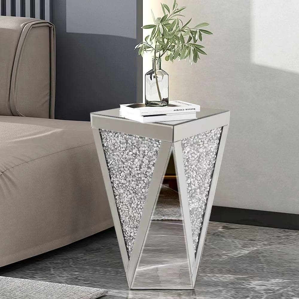 Pregaspor Silver Mirrored End Table, Crystal Inlay Side Table Accent Table, Small Mirrored Coffee Table for Living Room, Bedroom, Corner, 22" H