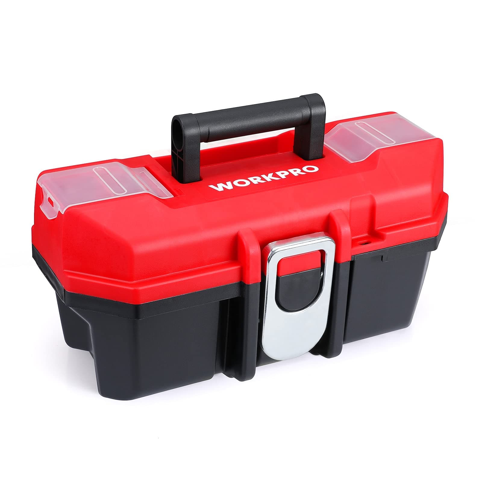WORKPRO Tool Box Portable 13" with Removable Tray Heavy Duty Toolbox with Metal Latch, Rated up to 33 Lbs, PP Plastic Small Tool Boxes with Small Parts Organizer in Lid, black & red