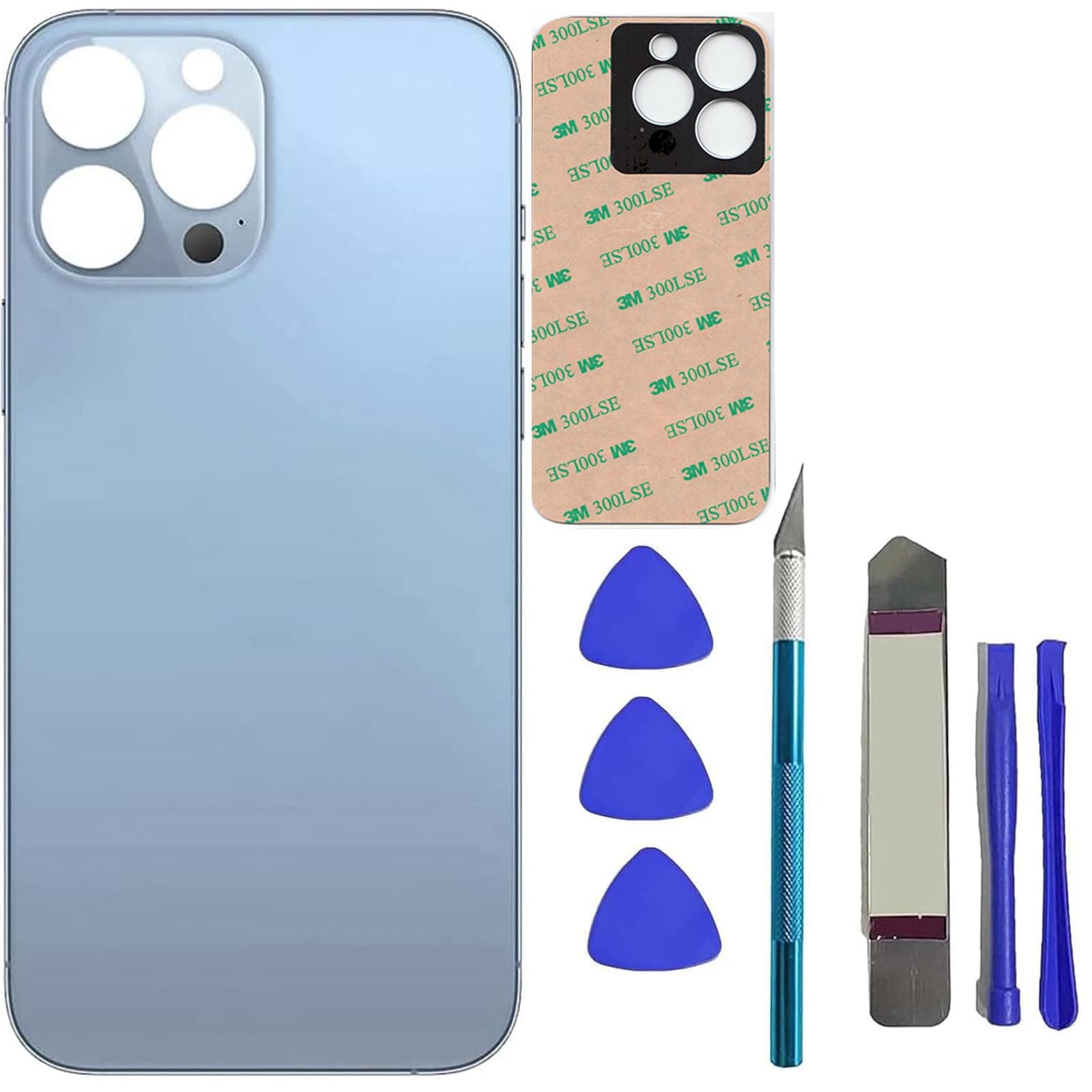 13 Pro Max Rear Back Glass Replacement for iPhone 13 Pro Max Back Glass Panel Replacement with Pre-Installed Adhesive + Repairing Toolkit (Blue)