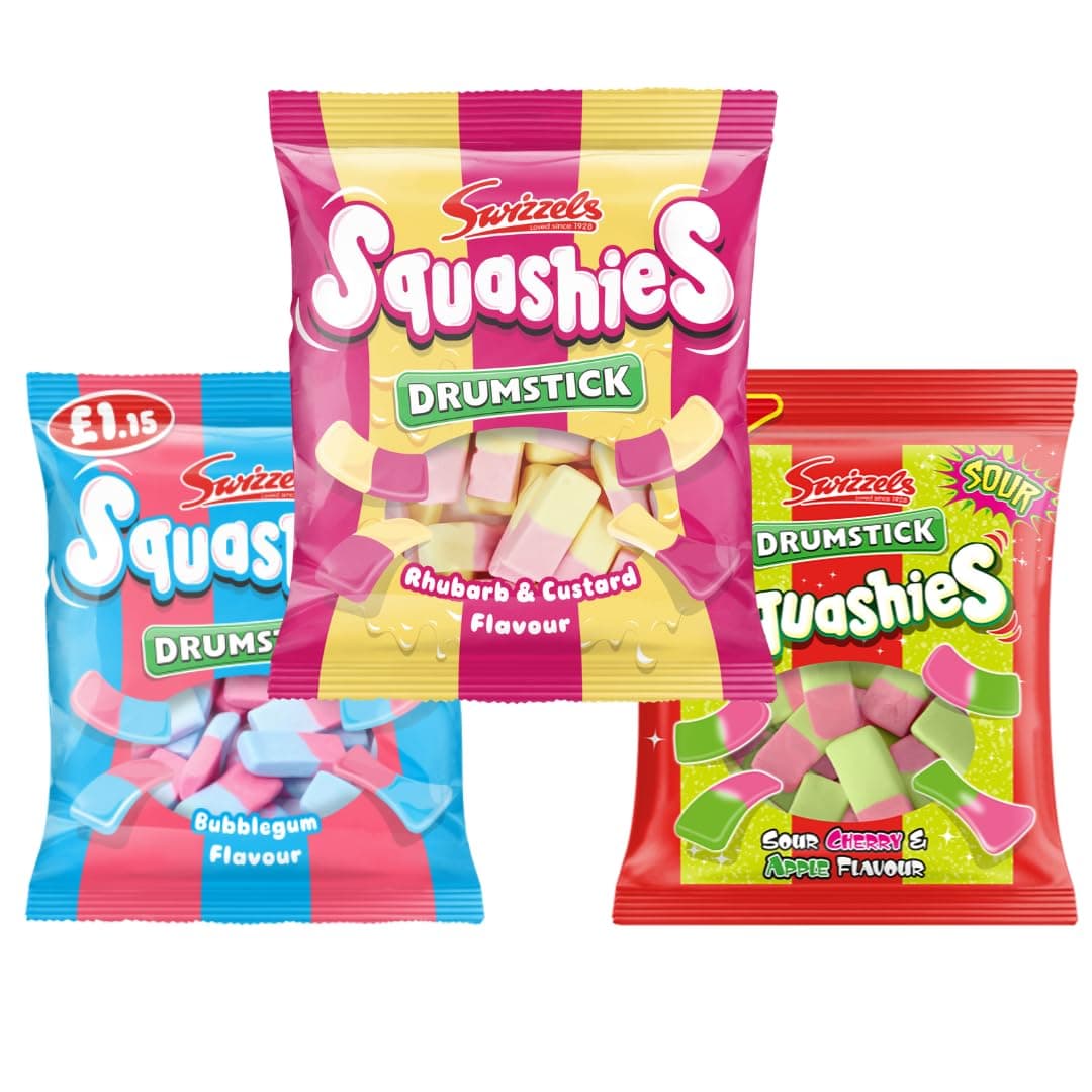 Squashie DrumStick Candies Variety Multipack - 3 Pack BUNDLE - (120g each) - IMPORTED FROM THE UK (Rhubarb & Custard, Bubblegum and Cherry & Apple)