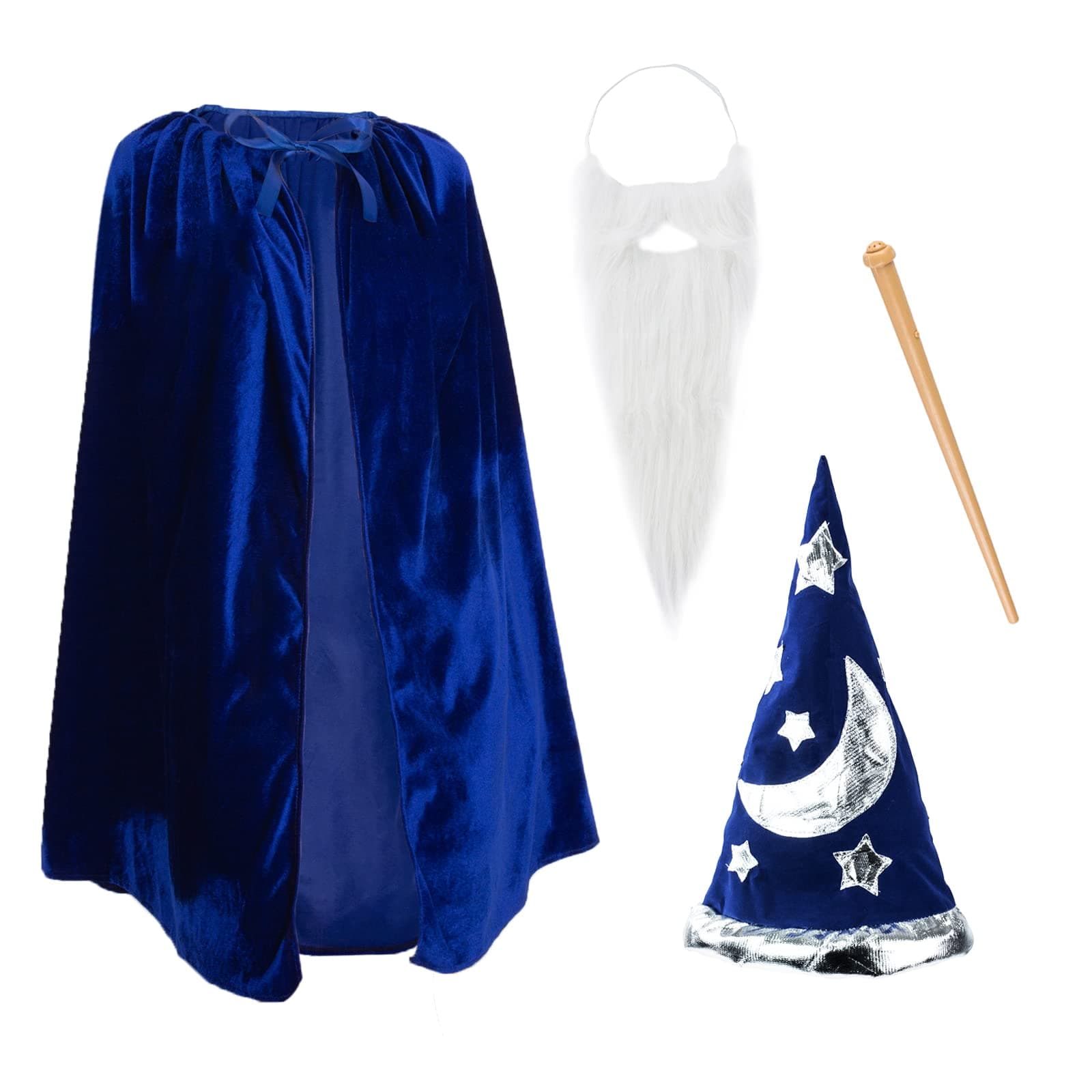 Wizard Costume for Kids 4 PC Set - Wizard Hat, Cloak, Beard and Wand – Wizard Accessories
