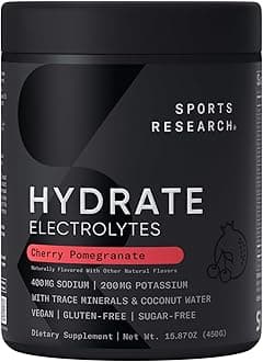 Sports Research® Hydrate Electrolytes Powder - Sugar-Free & Naturally Flavored with Vitamins, Minerals, and Coconut Water - Supports Hydration - Cherry Pomegranate - 90 Servings