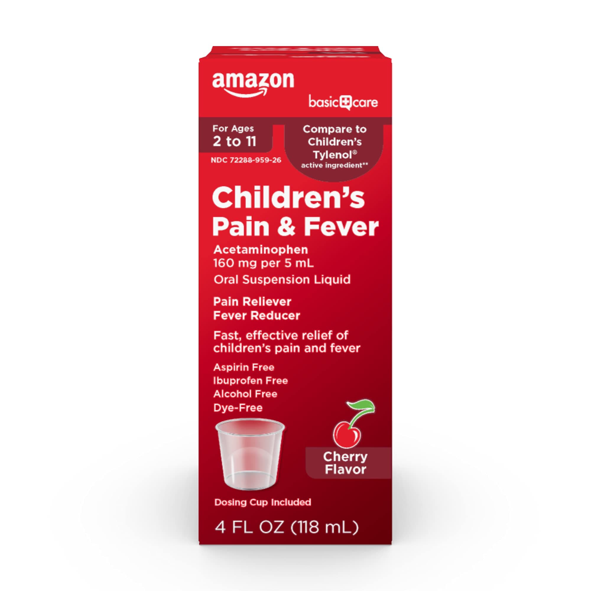Amazon Basic Care Children's Pain Reliever & Fever Reducer, Acetaminophen 160 mg per 5 mL Oral Suspension Liquid, Dye-Free Cherry Flavor, for Headache & Sore Throat, 4 fl oz