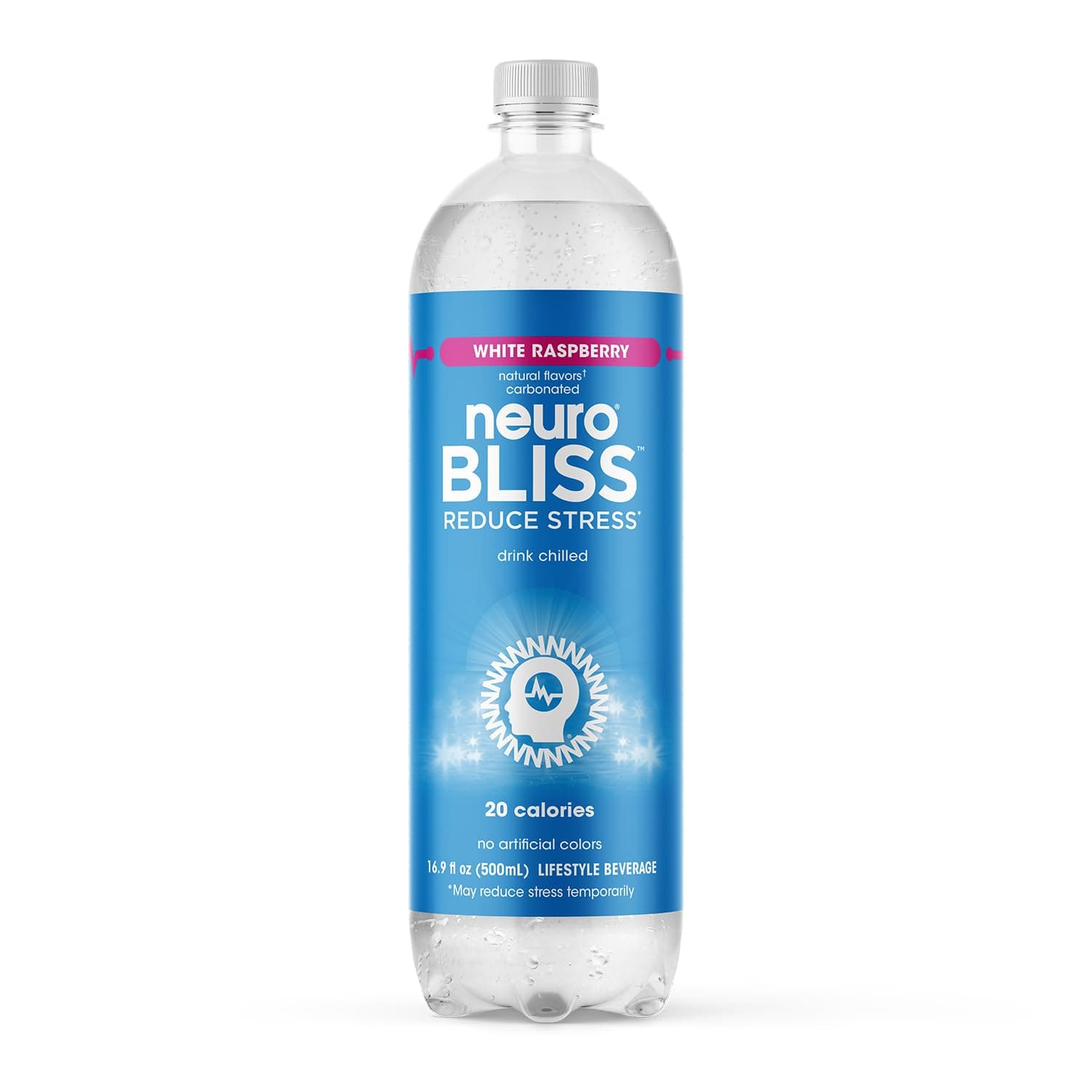 neuroBLISS | White Raspberry | Functional Beverage for Reducing Stress, Lightly-Carbonated, Vegan & Low Sugar; 16.9 Fl Oz (Pack of 12)