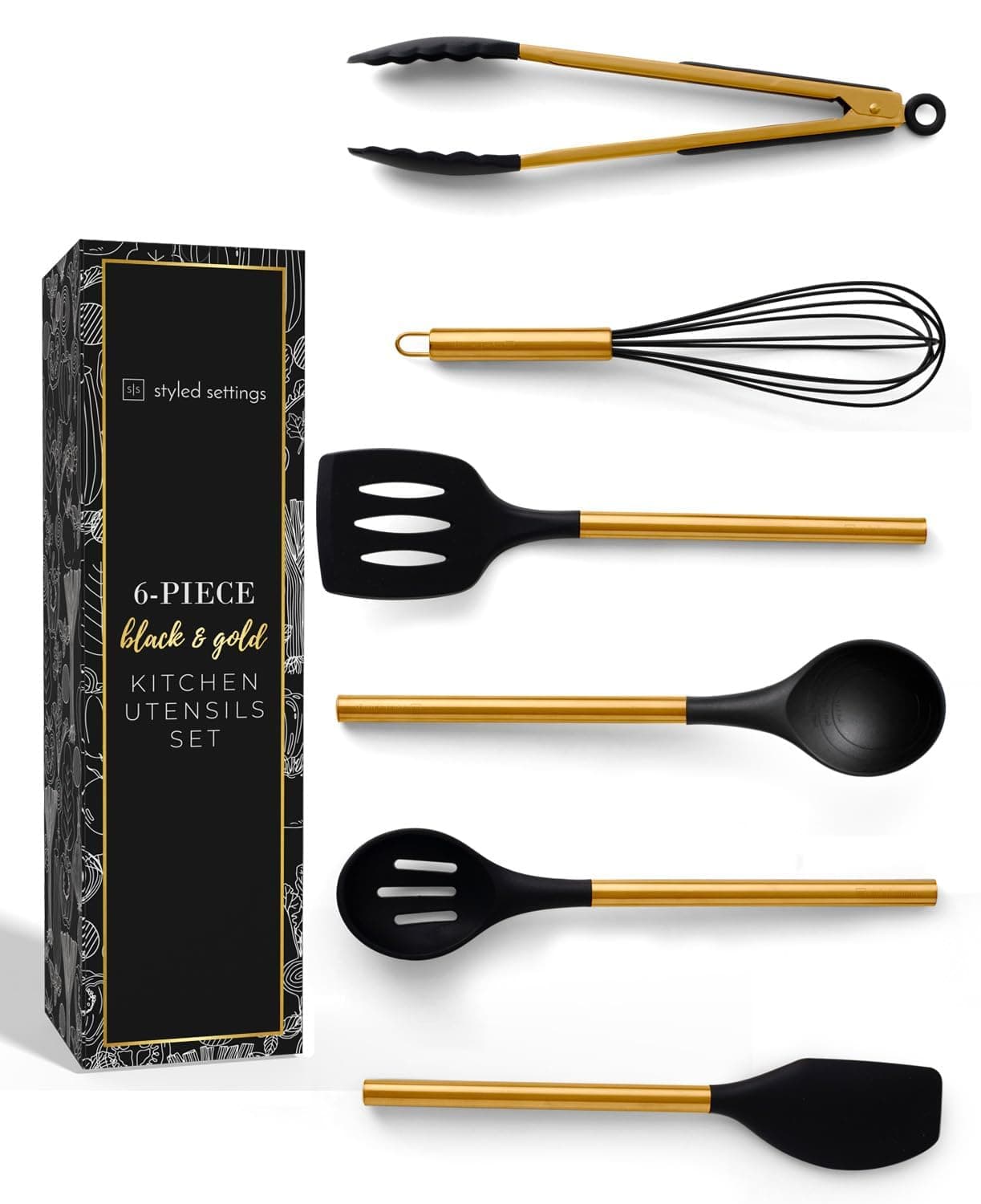 Black and Gold Kitchen Utensils Set - 6-PC Silicone Utensils Set Include Tongs, Whisk, Serving Spoon, Spatula, and Turner for Stylish Cooking and Baking - Black and Gold Kitchen Accessories and Decor
