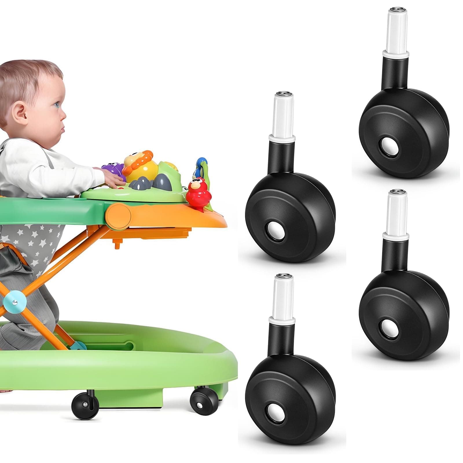 DOITOOL Baby Walker Replacement Wheels 4-Pack Universal Silent Casters for Baby Walkers and Strollers 3.07X1.77X1.37 Inch Durable Removable Walker Accessories for Indoor Outdoor Use
