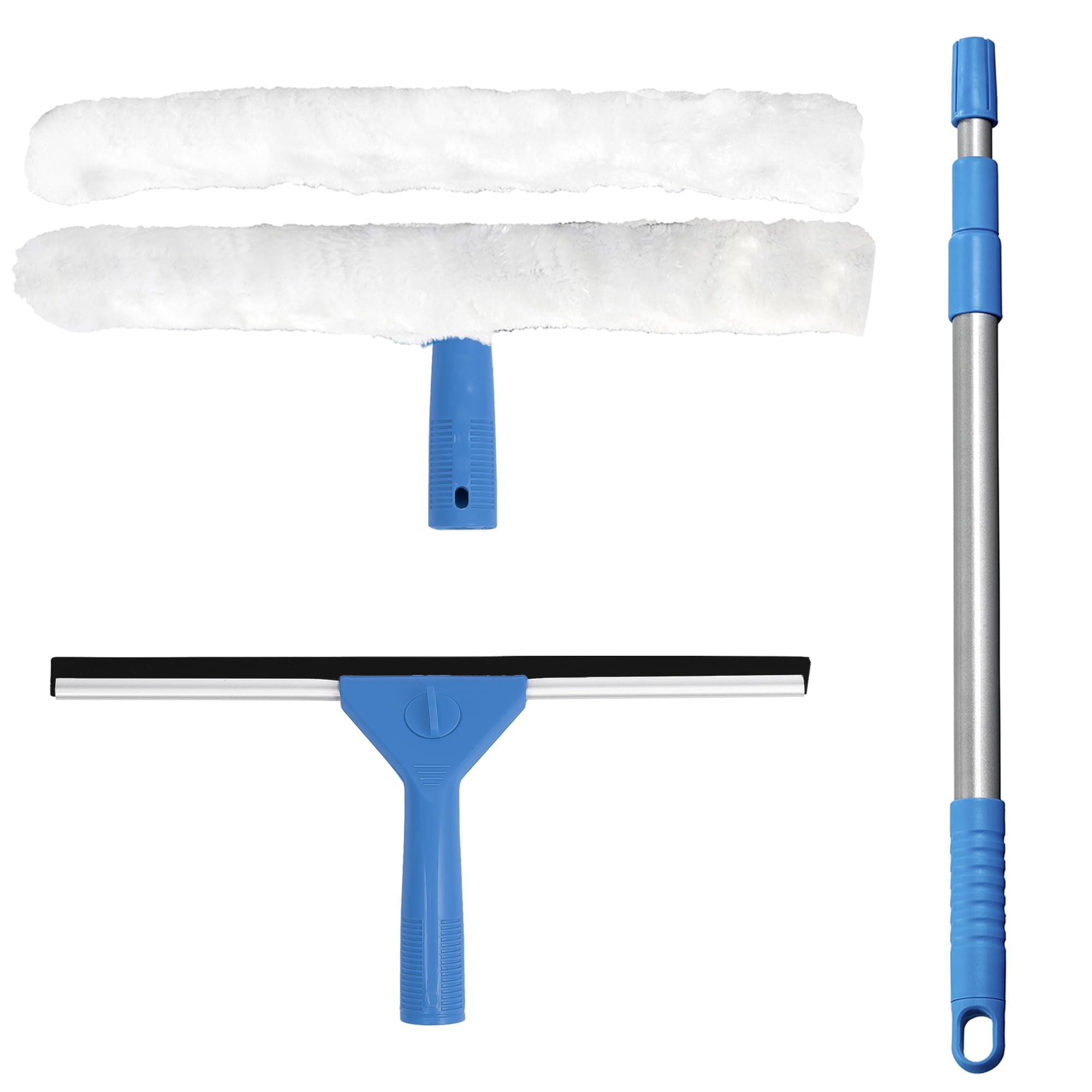 iTrendWindow Glass Cleaning Kit – 55cm to 120cm Adjustable Pole – With Microfiber Washer, Rubber Squeegees – Extra Cleaning Pads - Blue
