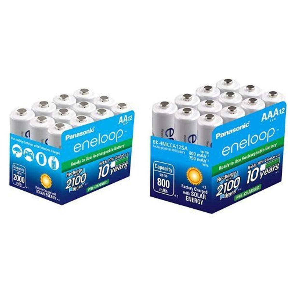 Panasoniceneloop AA and AAA 2100 Cycle Ni-MH Pre-Charged Rechargeable Batteries Bundle (12 Pack of Each)