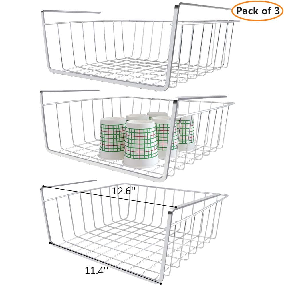 Mebbay 3 Pack Under Shelf Basket, Under Cabinet Basket, Under Shelf Storage, Hanging Shelf Basket, Under Shelf Wire Rack Basket, Shiny Silver, Small Size, 12.6 x 9.4 x 4.9