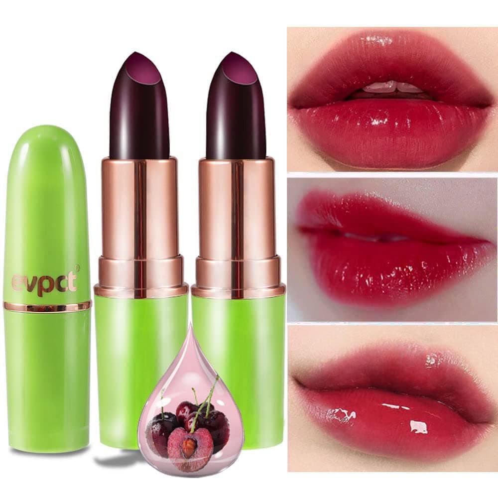 - 2Pcs Black Red Cherry Magic Mood Color Changing Lipstick Long Lasting 24 Hours Original for Women, PH Color Change Changing Jelly Lipstick Tinted Lip Balm Stain Gloss Makeup Set, labial magico