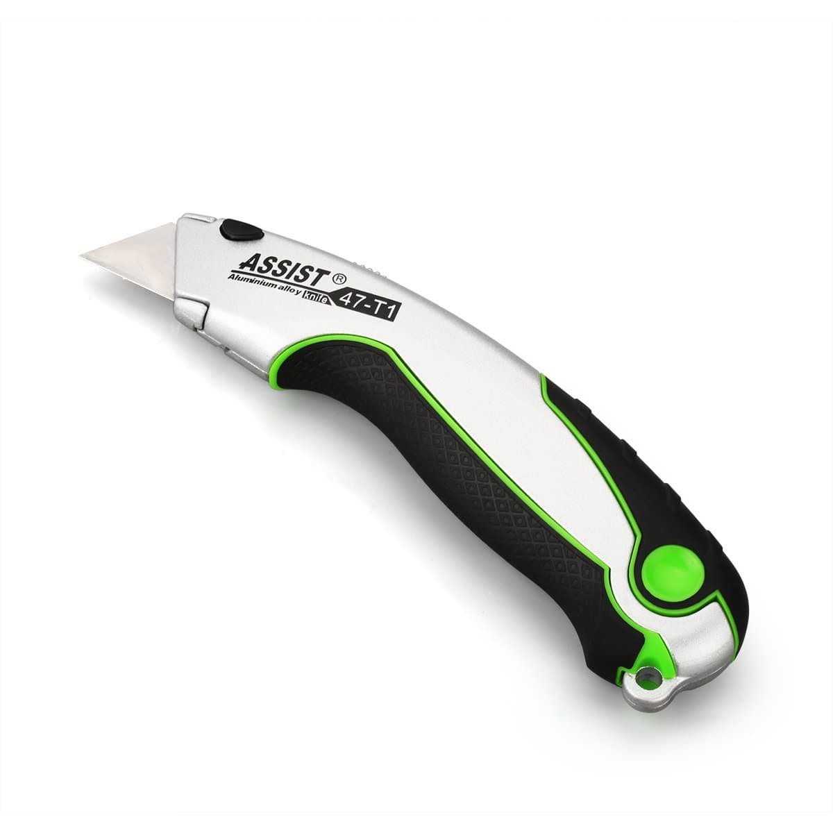 WELQUIC Assist Utility Knife Retractable, Blades Replaceable Box Cutter, Portable Anti Slip Rubber Handle Perfect for Cutting Paper, Carpet, Rope and More (with 4 Extra Blades, Green)