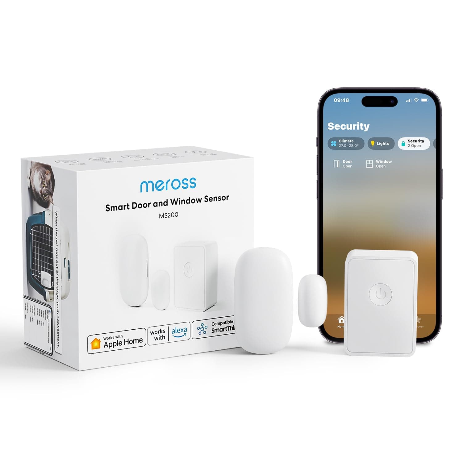 Smart Door Window Sensor, Mini Contact Sensor for Security and Home Automation, WiFi Alarm System, Real-Time Alert, Works with HomeKit, Alexa, Google, SmartThings, Meross Hub Included Start Kit