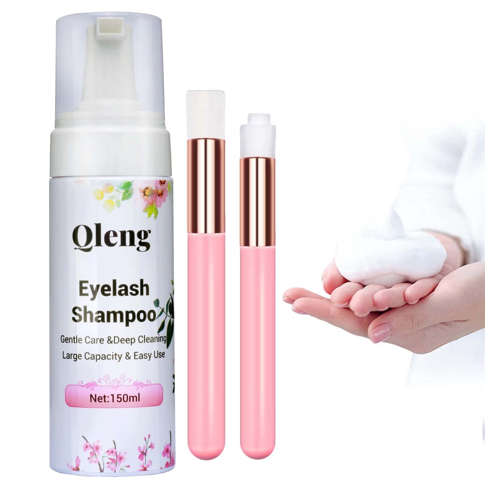 Qleng Eyelash Extension Cleanser 150ml Lash Shampoo with Two Brushes Eyelid Eye Lash Wash Foaming Bath Makeup Remover Cleaning Kit For Professional Salon Home Self Use