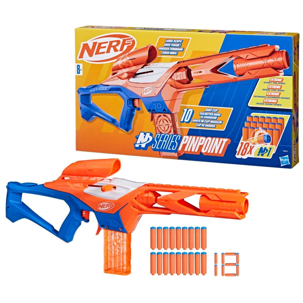 Pinpoint Foam Dart Blaster with Long-Range Barrel & Stabilising Stock, Precision Targeting, Includes 18 Official Nerf Darts, Action Toy for Kids Aged 8+, Perfect Toys for Boys & Girls