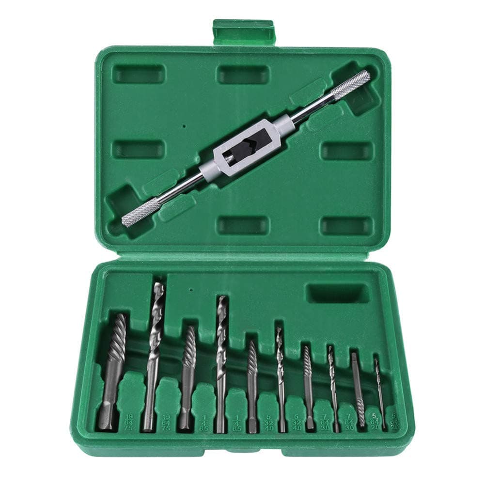 11PCS Damaged Screw Extractor Set, Remove Broken Head Screw & Bolt, 10 Pcs Drill Bits Set + 1 Pcs Holding Wrench