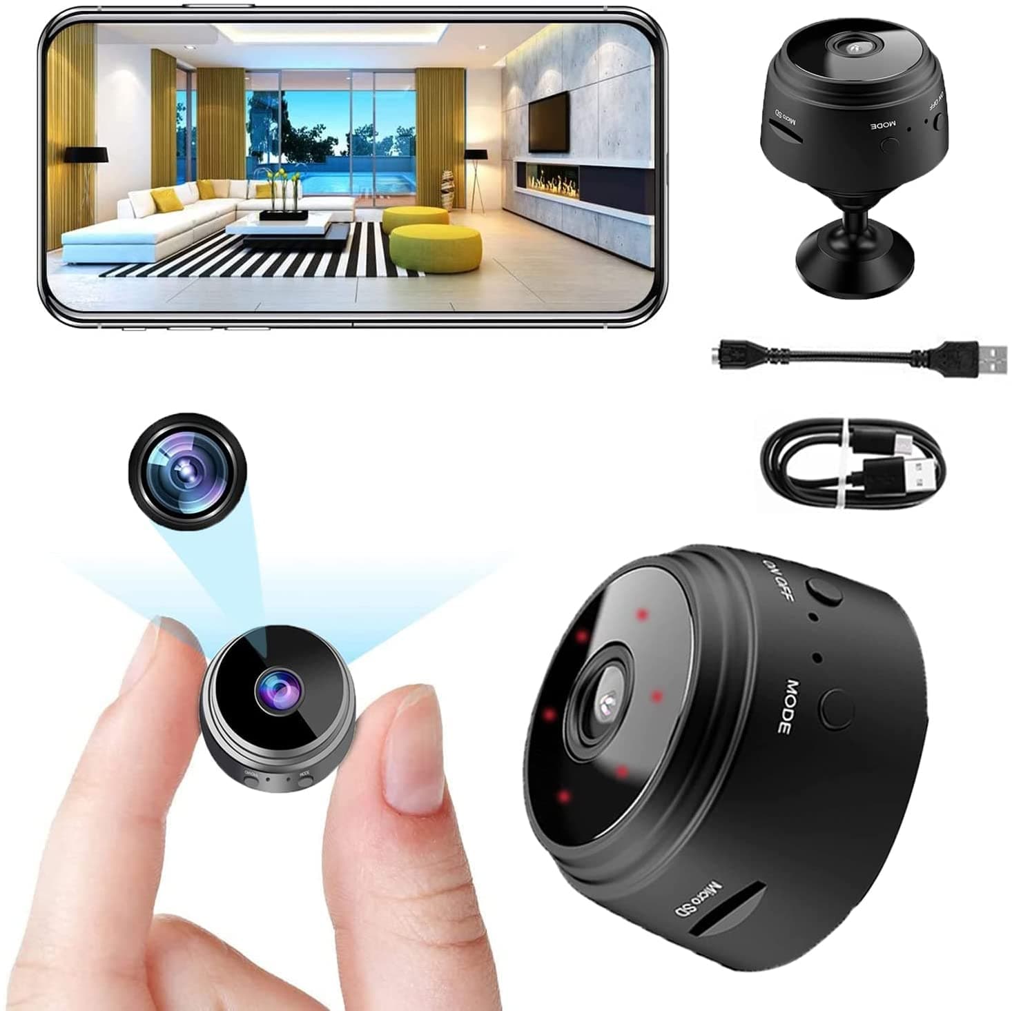 Mini Spy Camera, Wireless Camera 1080P Full HD Audio and Video, Hidden Secret Baby Monitor Home Security Surveillance Cam Night Vision Motion Detection /, Black - Mini-a9