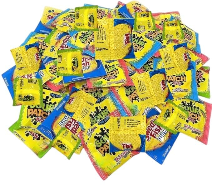 Bulk Gummy Candy Assortment - 1.5-Lbs Sour Patch Kids Original, Tropical and Watermelon, and Swedish Fish Minis - Sweet and Sour Soft Candy Party Mix Snack Assortment - Individually Wrapped (24-Oz)
