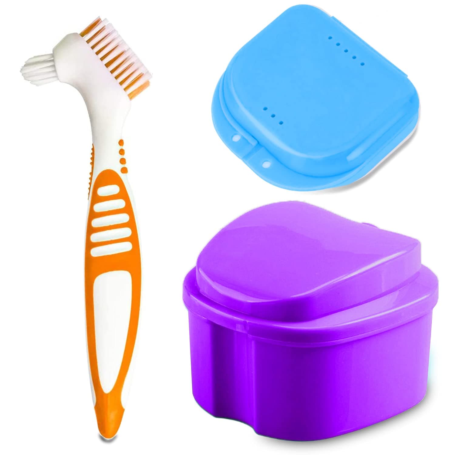Denture Bath Case Cup with Denture Cleaner Brush & Retainer Holder Box, Complete Clean Care for Dentures, Clear Braces, Mouth Guard, Night Guard & Retainers,Traveling (Purple)