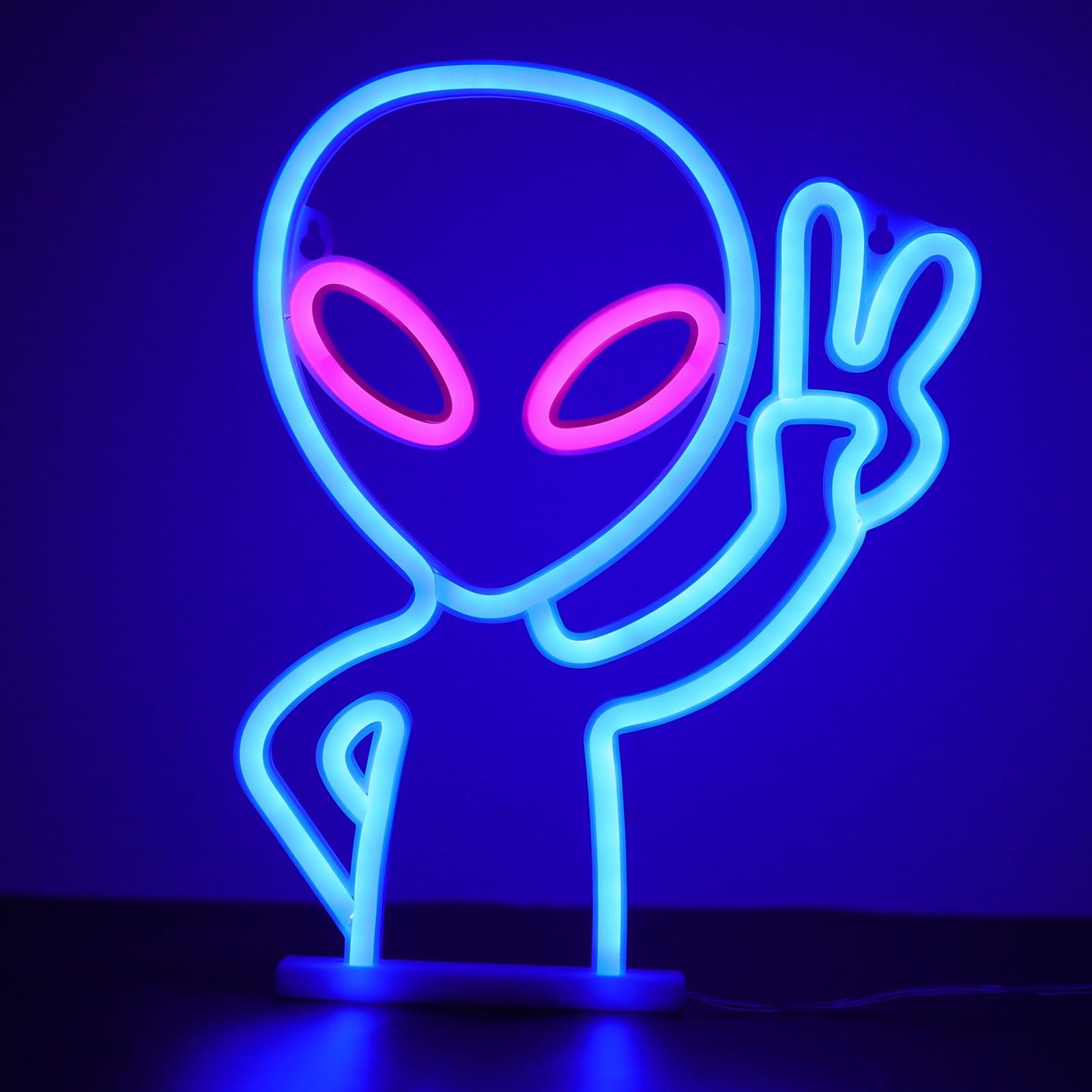 Blue Alien Neon Sign - LED Wall Decor with 2 Hooks for Bedroom - USB/3*AA Powered Light Up Sign - Bar Party Hip Hop Home Decor (Blue/Pink)